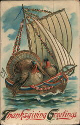 Two Turkeys in a Sailboat, Thanksgiving Greetings Postcard