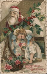 Two Girls with Roses, Santa, and Holly, Christmas Greetings Children Postcard Postcard Postcard