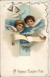 Happy Easter-Tide, Two Angels with Bells, Cross, Clouds, Scroll Postcard