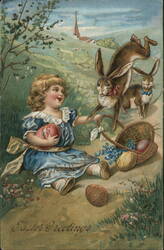 Little Girl with Easter Eggs and Rabbits Postcard