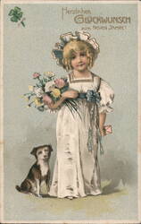 Little Girl with Flowers, Dog and New Year's Card Postcard