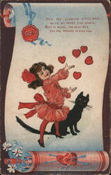 Juggling Little Maid with Black Cat, Valentine's Day Postcard Postcard