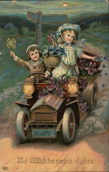 Happy New Year Postcard, Children in Antique Car with Flowers Postcard