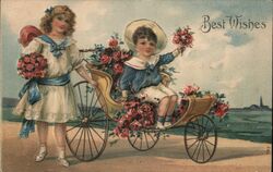 Boy & Girl with Roses, Best Wishes Postcard With Children Postcard Postcard