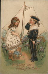 Wishing you a happy birthday, Sailor Boy & Girl with Irises Postcard Postcard Postcard