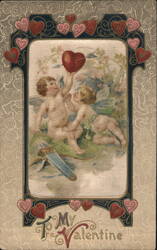 Two Cupids with Heart and Arrow, To My Valentine Postcard