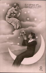 Sailor and Woman on Crescent Moon, Romantic French Postcard Postcard