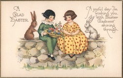 Children with Bunnies & Flowers, Easter Gladness, Vintage Illustration Postcard