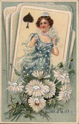 Queen of Spades Valentine Lady, Silver Embossed Flowers, Vintage Postcard Women Postcard Postcard