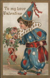 Valentine Clown with Flowers, Vintage Children's Postcard Postcard Postcard