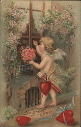 Cupid with Roses at Window, Valentine's Greeting Postcard Postcard Postcard