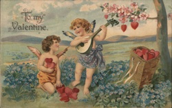 Cupid Plays Mandolin, Valentine Greetings - Embossed Postcard Postcard