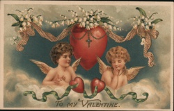 Vintage Valentine Cherubs with Heart, Lily of the Valley Flowers Cupid Postcard Postcard Postcard