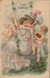 Cupid on a Swing with Woman, Valentine's Day Postcard Postcard Postcard