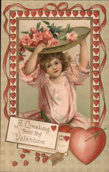 Little Girl with Roses, Valentine's Day Greeting Postcard