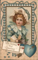 Sweet Girl in Blue with Flowers, Valentine's Day Greeting Children Postcard Postcard Postcard