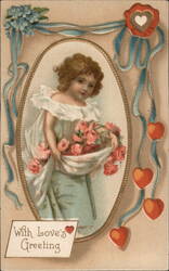 Little Girl with Roses, Valentine's Day Greeting Postcard