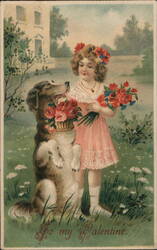 Girl with Dog and Flowers Valentine's Day Postcard Animals Postcard Postcard