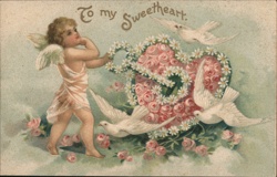 Cherubic Angel with Floral Heart & Doves - Valentine's Day Greeting Postcard