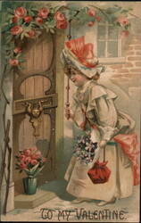 Girl with Flowers at Gate, Valentine's Day Postcard Postcard