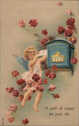 A Path of Roses Be Your Life - Cherub, Mailbox, Flowers Cupid Postcard Postcard Postcard