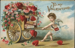 Cupid's Valentine Delivery - Antique Cart Overflowing with Love Postcard