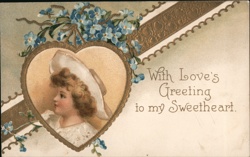 Girl in Heart, Forget-Me-Nots, Valentine Greeting - Embossed, Gold Flowers Postcard Postcard Postcard