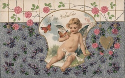 Cherubic Valentine with Butterflies, Roses, and Violets Postcard