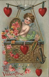 Cupid in Hot Air Balloon with Roses - Valentine's Day Greeting Postcard