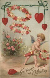 Garlands of Affection, Cupid with Roses, Vintage Valentine's Postcard Postcard