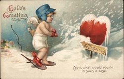 Cupid in Snow Shoes, Valentine's Day Greeting, Vintage Postcard Postcard Postcard