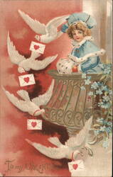 Valentine Cherub with Doves & Love Letters - Vintage Illustration Animals Postcard Postcard Postcard