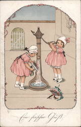 Two Girls with Flowers at a Water Fountain - Children's Illustration Postcard