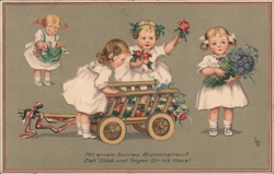 Four Girls with Flower Cart, Colorful German Postcard With Children Postcard Postcard