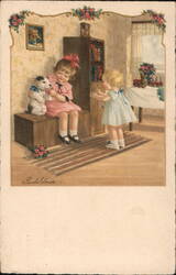 Two Little Girls with Puppy and Gifts, Artist Signed, Color Vintage Postcard Children Pauli Ebner Postcard Postcard