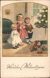 Three Children Admire a Christmas Tree - Vintage Holiday Scene Paula Bühner Postcard Postcard Postcard