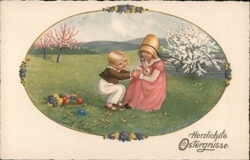 Children with Bunny and Easter Eggs - Vintage Easter Greeting With Children Postcard Postcard Postcard