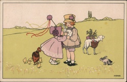 Children with Easter Lamb, Chicks & Bunny - Vintage Illustration PEBNER Postcard Postcard Postcard