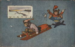 Anthropomorphic Bear on Sled, Winter Scene Postcard Bears Postcard Postcard