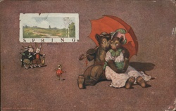 Anthropomorphic Bears with Umbrella, Rabbit, Bird, Spring Scene Postcard Postcard Postcard