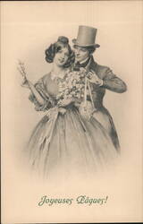 Romantic Couple with Easter Flowers - Joyeuses Pâques Greeting Postcard