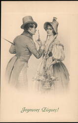 Couple Exchanging Easter Flowers, Vintage Postcard Postcard Postcard