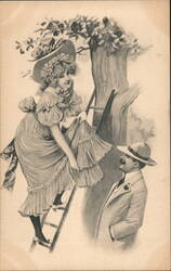 Woman on Ladder, Man Watching - Comic Illustration Comic, Funny Postcard Postcard Postcard