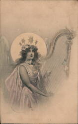 Angel Playing Harp, Starry Halo, Vintage Postcard Postcard