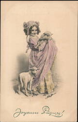 Girl with Lambs, Joyeuses Pâques, Vintage Easter Postcard Postcard Postcard