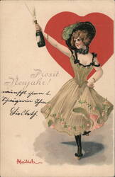 Prosit Neujahr! Woman with Champagne, Embossed Valentine, c. 1900s Beautiful Ladies Postcard Postcard Postcard