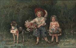 Children with Flowers and Dog, Birthday Greeting - Vintage Postcard Postcard Postcard