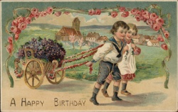 Children with Flower Cart, Country Village Scene - Happy Birthday Postcard Postcard Postcard