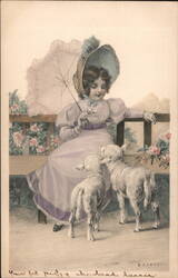 Girl with Parasol and Lambs, Easter Greeting With Lambs Postcard Postcard Postcard