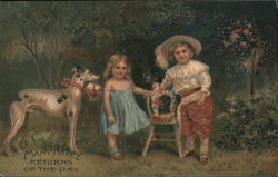 Children with Dog and Flowers - Embossed Relief Postcard Dogs Postcard Postcard